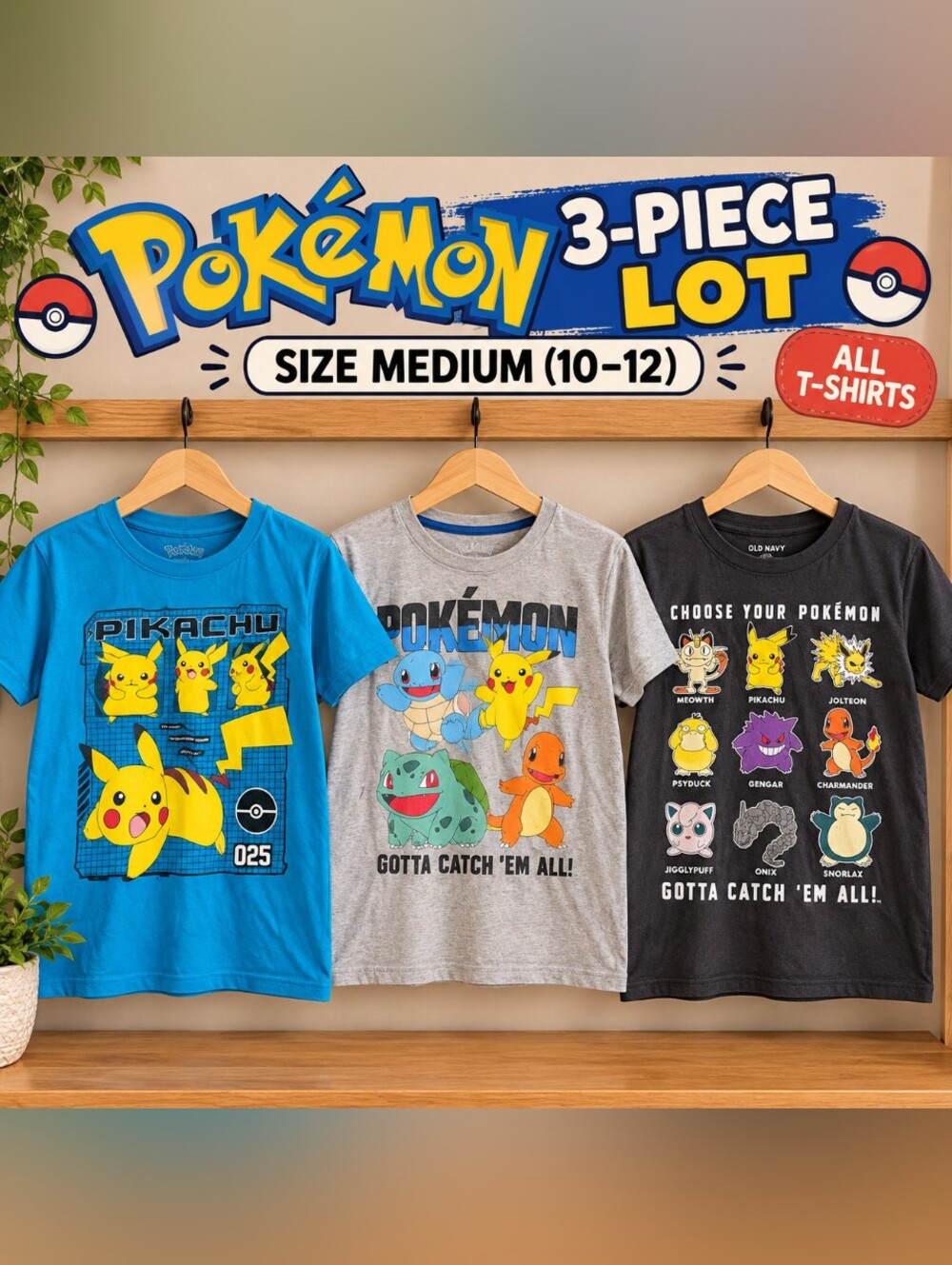 Old Navy Kids' Pokemon 3-Pack T-Shirts - Blue, Gray, Black